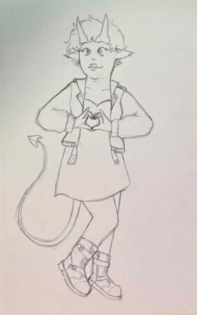 A fullbody sketch of a cambion woman making a heart with her hands.