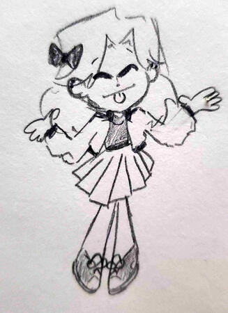 A simple sketch of a girl shrugging her shoulders and sticking out her tongue.