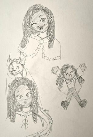 There are three black and white sketches of a young black woman on a piece of paper. Her hair is in twists just past her shoulder, and she is wearing a capelet over a turtleneck, high waisted pants, and boots. In the first bust sketch she is closing her l