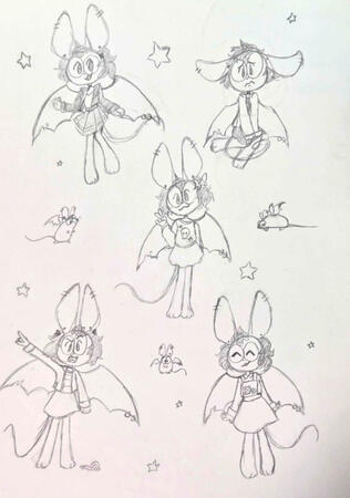 A sketch page of my mascot. There are five small drawings of them. Three are of them standing in different outfits, one is of them sitting and looking sad, and the last is of them yelling at a snail.