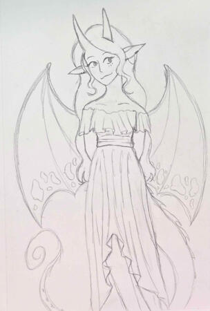 A sketch of a dragon in a human form. She has long hair and is wearing a long dress.