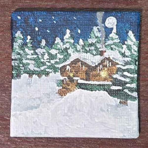 A small painting of a cabin in a snowy forest.