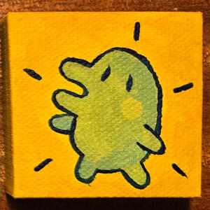 A small painting of the tamagotchi Kuchipatchi on a yellow background.