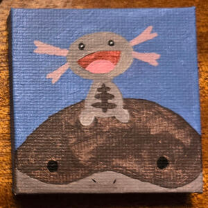 A painting of a smiling paldean wooper sitting on top of a half visible clodsire's head.