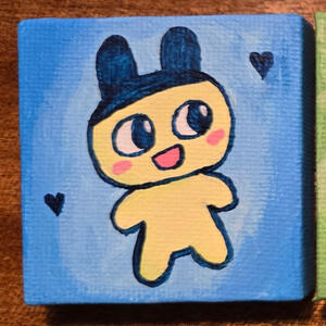 A painting of the tamagotchi Mametchi on a blue background.