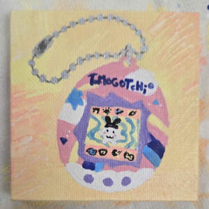 A painting of a tamagotchi device. The shell is pink with a pastel yellow pink indigo blue rainbow. The current pet is Mimitchi.
