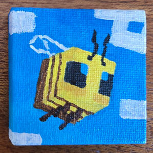 A small painting of a Minecraft bee flying in the sky.