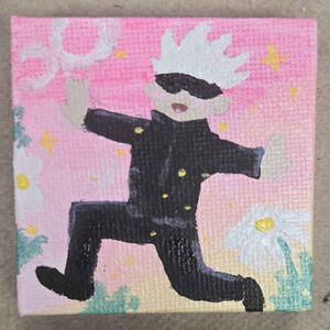 a 2 inch square painting of Gojo from Jujutsu Kaisen